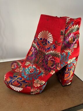 Red Floral Brocade Ankle Boots - Women
